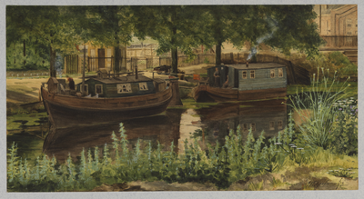 28223 Gezicht op het water langs de Mineurslaan te Utrecht (bij de Damlustkazerne) met twee woonboten.